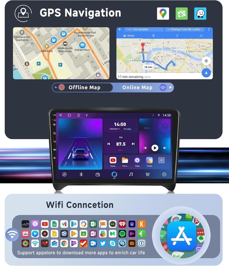 Vierex Android Car Radio for Audi TT MK2 8J 2008-2014 with Wireless CarPlay/Android Auto,QLED Touch Screen, GPS Navigation, BT, DSP WiFi, Split Screen AHD Camera (2GB RAM Carplay) - Image 3