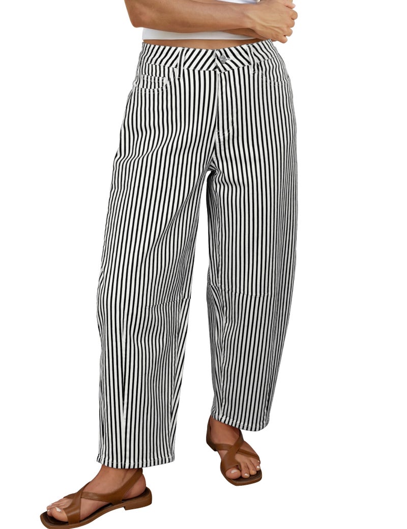 luvamia Barrel Colored Jeans for Women Trendy Baggy Wide Leg Striped High Waisted Cropped Casual Pinstripe Stretchy Denim Wide Leg Cropped Pants for Women Black Small US Size 4-6 - Image 1