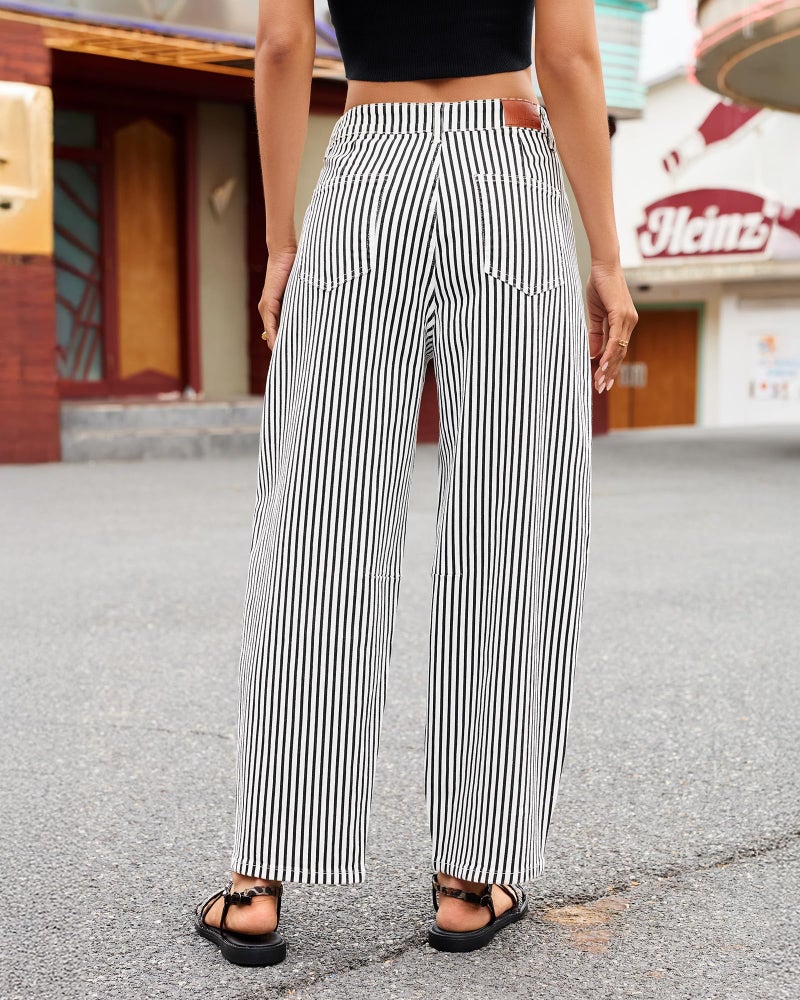 luvamia Barrel Colored Jeans for Women Trendy Baggy Wide Leg Striped High Waisted Cropped Casual Pinstripe Stretchy Denim Wide Leg Cropped Pants for Women Black Small US Size 4-6 - Image 3