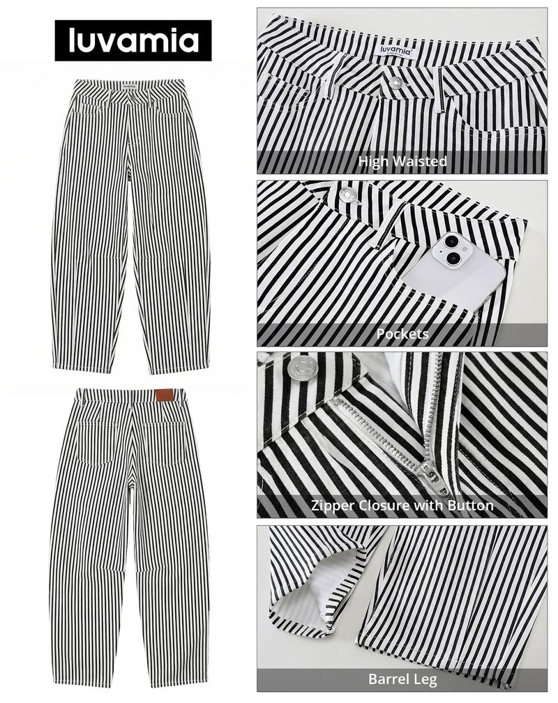 luvamia Barrel Colored Jeans for Women Trendy Baggy Wide Leg Striped High Waisted Cropped Casual Pinstripe Stretchy Denim Wide Leg Cropped Pants for Women Black Small US Size 4-6 - Image 5