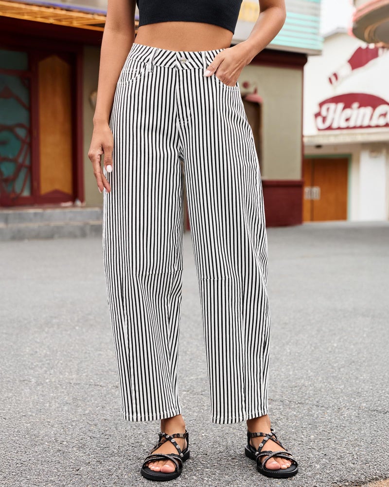 luvamia Barrel Colored Jeans for Women Trendy Baggy Wide Leg Striped High Waisted Cropped Casual Pinstripe Stretchy Denim Wide Leg Cropped Pants for Women Black Small US Size 4-6 - Image 2