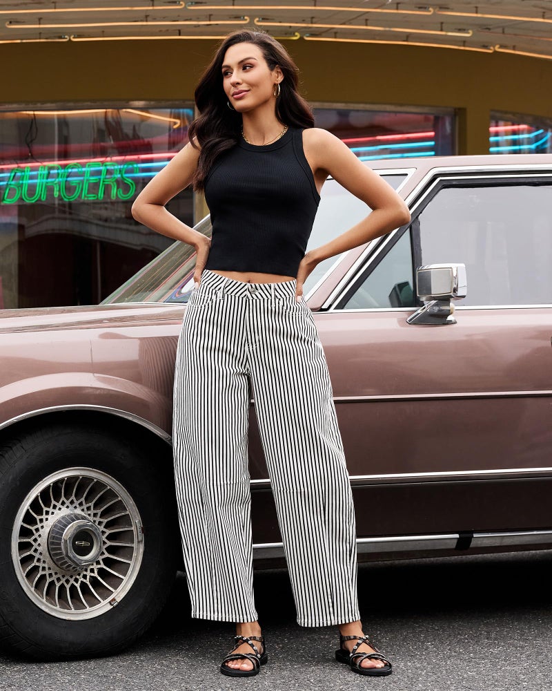 luvamia Barrel Colored Jeans for Women Trendy Baggy Wide Leg Striped High Waisted Cropped Casual Pinstripe Stretchy Denim Wide Leg Cropped Pants for Women Black Small US Size 4-6 - Image 4