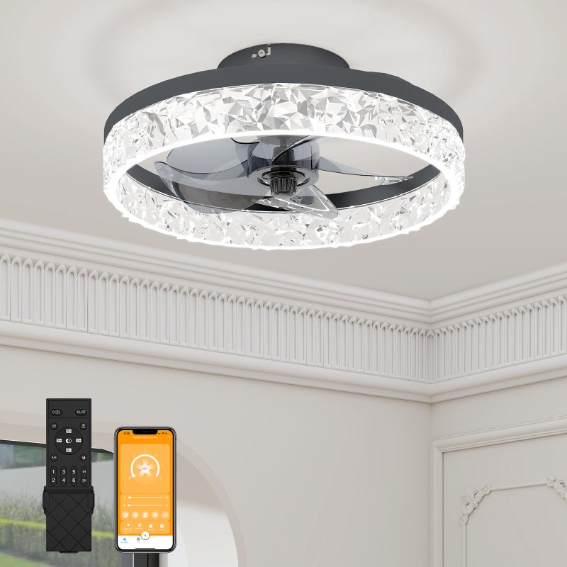 VOLISUN Fandelier Ceiling Fans with Light 157in Low Profile Ceiling Fan with Light and Remote 3000K6500K Dimmable Bladeless Ceiling Fan Flush Mount Black Modern Ceiling Fan with Light for Bedroom