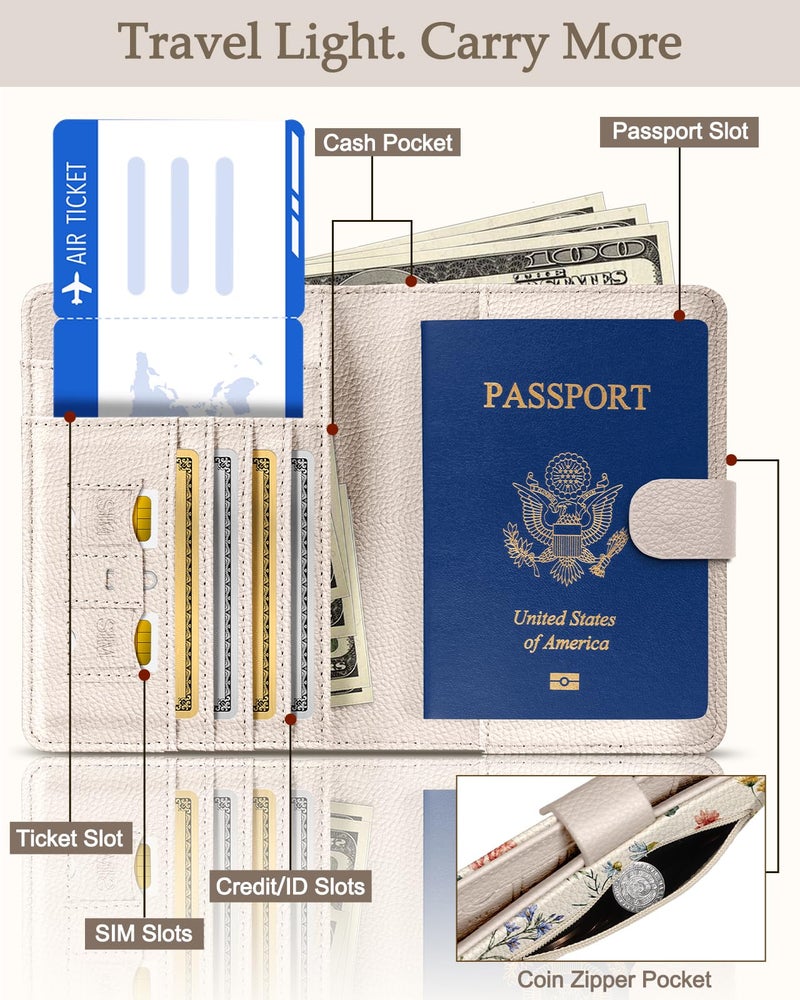 Slohif Passport Wallet Holder Cover for Travel - Women Men RFID Blocking Passport Book Case Protector, Cream Floral Butterfly Leather Personalized Organizer Slim Carrier Boarding Pass Cards Slots - Image 2
