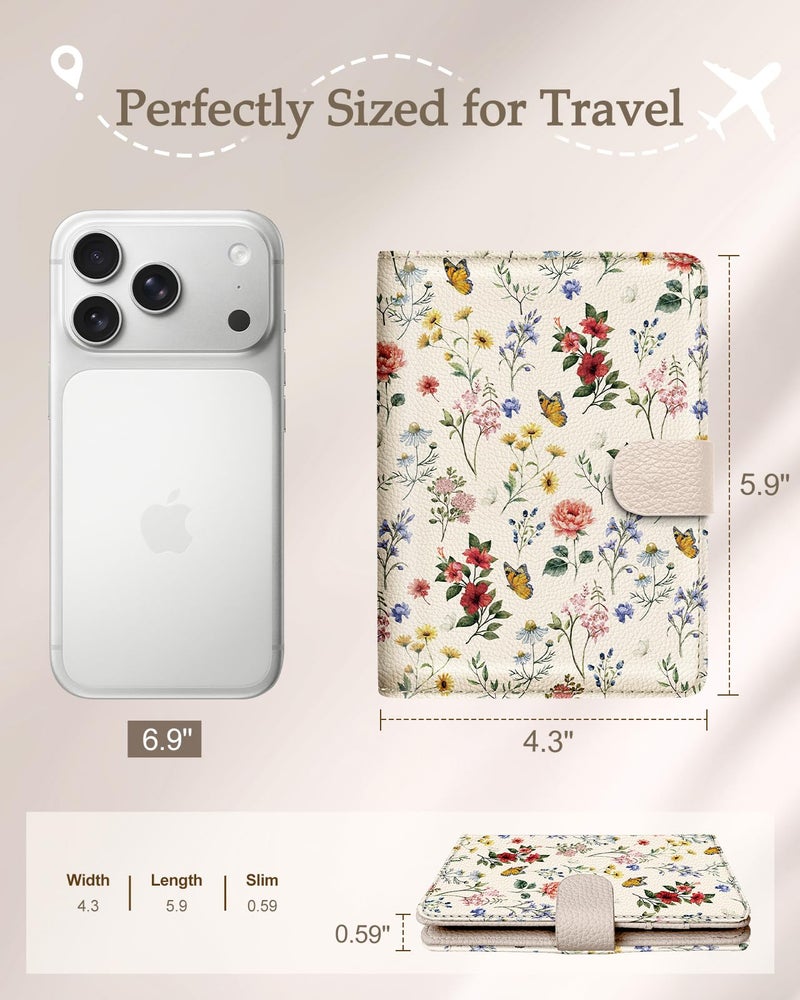 Slohif Passport Wallet Holder Cover for Travel - Women Men RFID Blocking Passport Book Case Protector, Cream Floral Butterfly Leather Personalized Organizer Slim Carrier Boarding Pass Cards Slots - Image 3