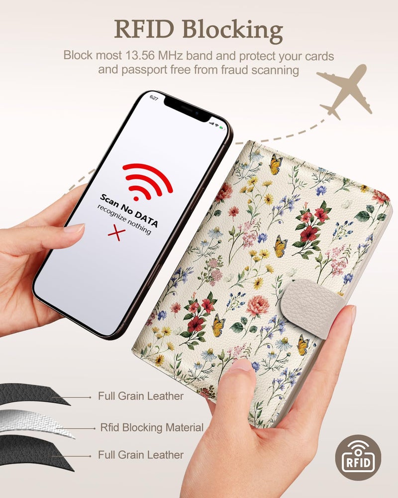 Slohif Passport Wallet Holder Cover for Travel - Women Men RFID Blocking Passport Book Case Protector, Cream Floral Butterfly Leather Personalized Organizer Slim Carrier Boarding Pass Cards Slots - Image 5
