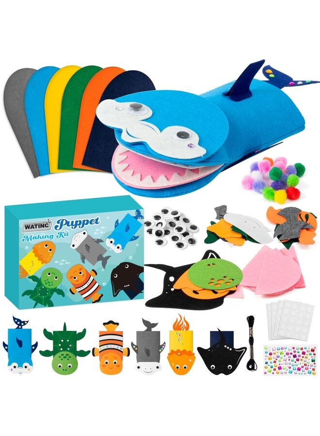 6PCS Hand Puppet Making Kit, Art Craft Felt Sock Puppet Toys, Creative DIY Make Pompoms Wiggle Googly Eyes Storytelling Role Play Party Supplies Gift for Kids (Ocean Animals) - Image 1