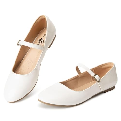 Trary Mary Jane Shoes Womens Flats Ballet Flats Round Toe White Flats for Wedding Dressy Casual Strap Flats