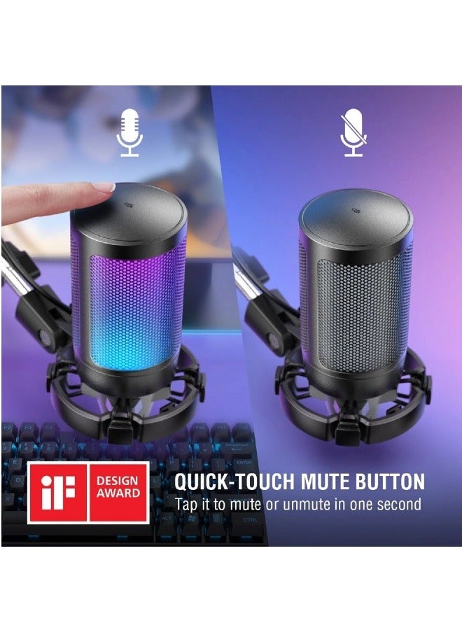 Gaming Microphone, USB PC Microphone for Streaming, Podcasting, Recording with RGB Controls, with Mute on, Volume Control and 3.5mm Headphone Jack, Black - with Boom Arm - Image 4