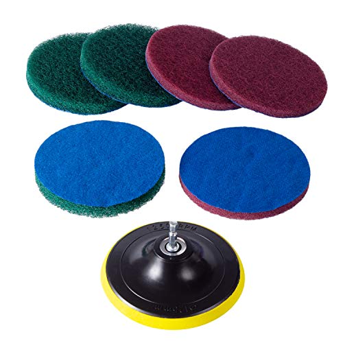 Kichwit 5 Inch Drill Powered Brush Tile Scrubber Scouring Pads 2 Different Stiffness 5Inch Pad Holder with 6 Scrubbing Pads Cleans Large Flat Areas Perfectly Drill NOT Included