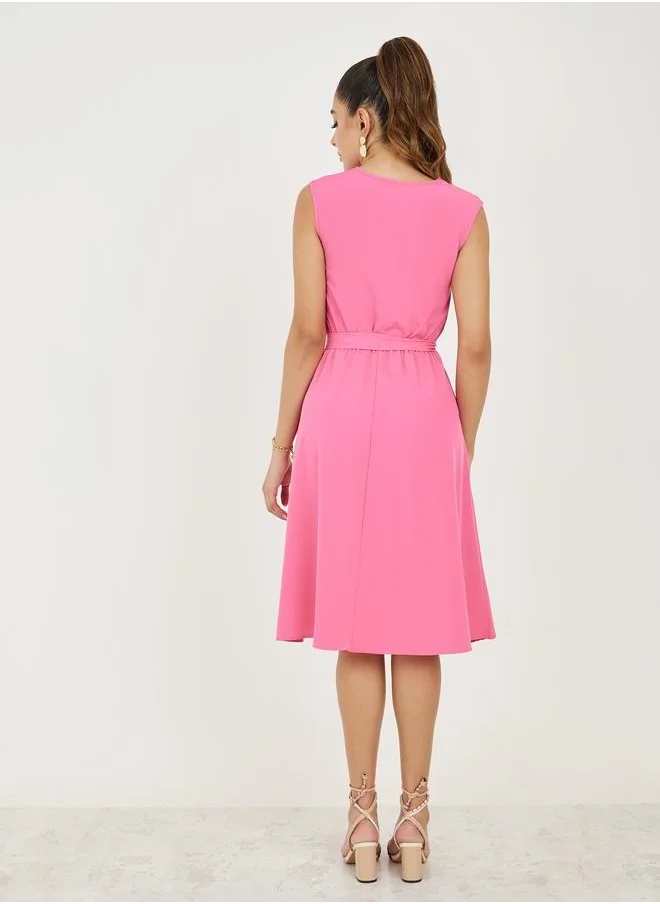 Styli Solid Notch Neck Midi Dress with Tie Belt