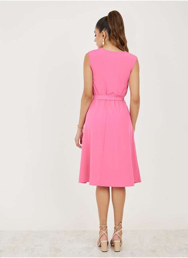 Take Two Solid Notch Neck Midi Dress with Tie Belt  - Image 4