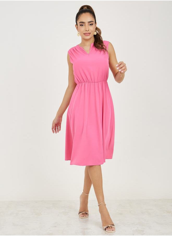 Take Two Solid Notch Neck Midi Dress with Tie Belt  - Image 1