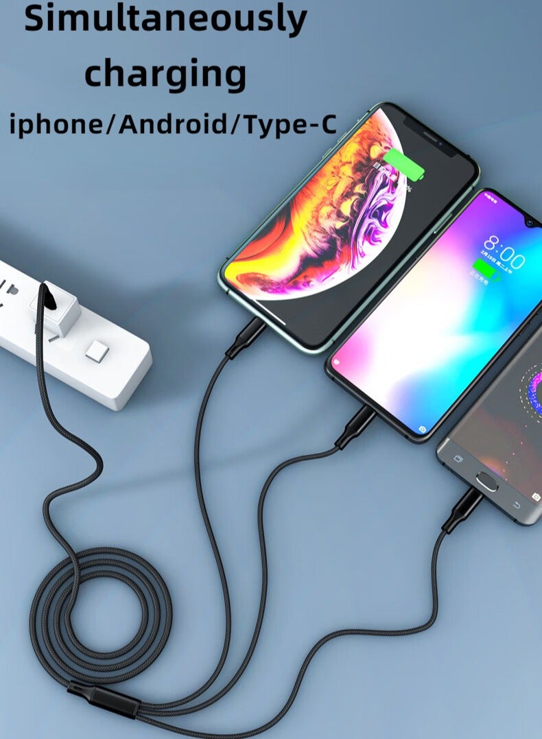 1.2-meter-longTYPE-C to one to three data cable, C-head three in one synchronous fast charging cable, nylon braided charging cable，Suitable for iphone and Android phone charging cables，Lightning,Micro USB,TYPE-C - Image 3