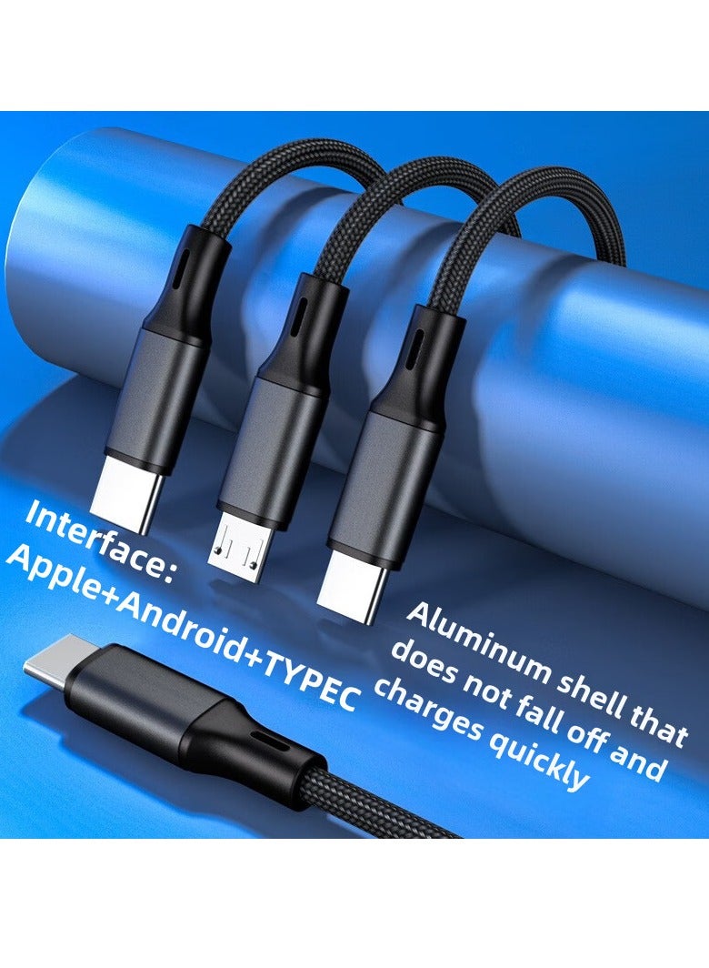 1.2-meter-longTYPE-C to one to three data cable, C-head three in one synchronous fast charging cable, nylon braided charging cable，Suitable for iphone and Android phone charging cables，Lightning,Micro USB,TYPE-C - Image 1