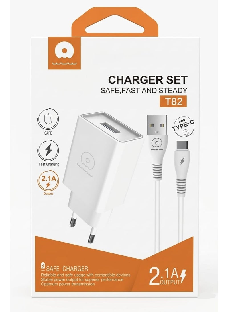 دبليو يو دبليو محول شحن سريع 2.1 أمبير مع شاحن كابل USB-TYBE C T82 - Image 1