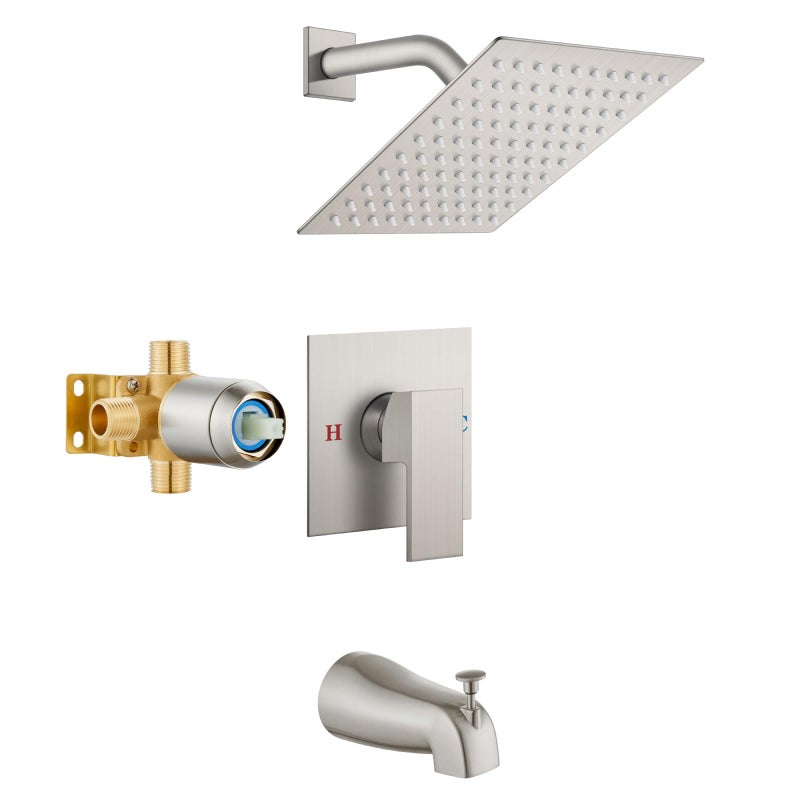 Airuida Shower Faucet Set with Tub Spout Bathtub Faucet Kit Complete Tub Shower Trim Kit with Solid Brass Roughin Valve and 8 Inch Square Rainfall Showerhead Bent Shower Arm Brushed Nickel