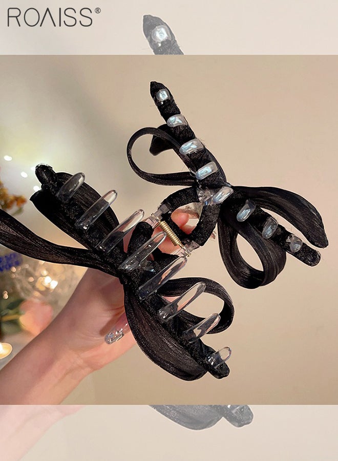 رويس مشبك شعر أنيق على شكل فيونكة، دبوس شعر كبير مزين بخرز أبيض فاخر، أنيق للارتداء اليومي والسفر والتجمعات، إكسسوار شعر شتوي - Image 4