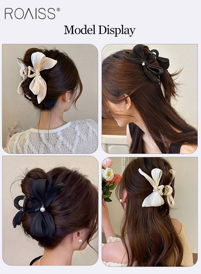 رويس مشبك شعر أنيق على شكل فيونكة، دبوس شعر كبير مزين بخرز أبيض فاخر، أنيق للارتداء اليومي والسفر والتجمعات، إكسسوار شعر شتوي - Image 3