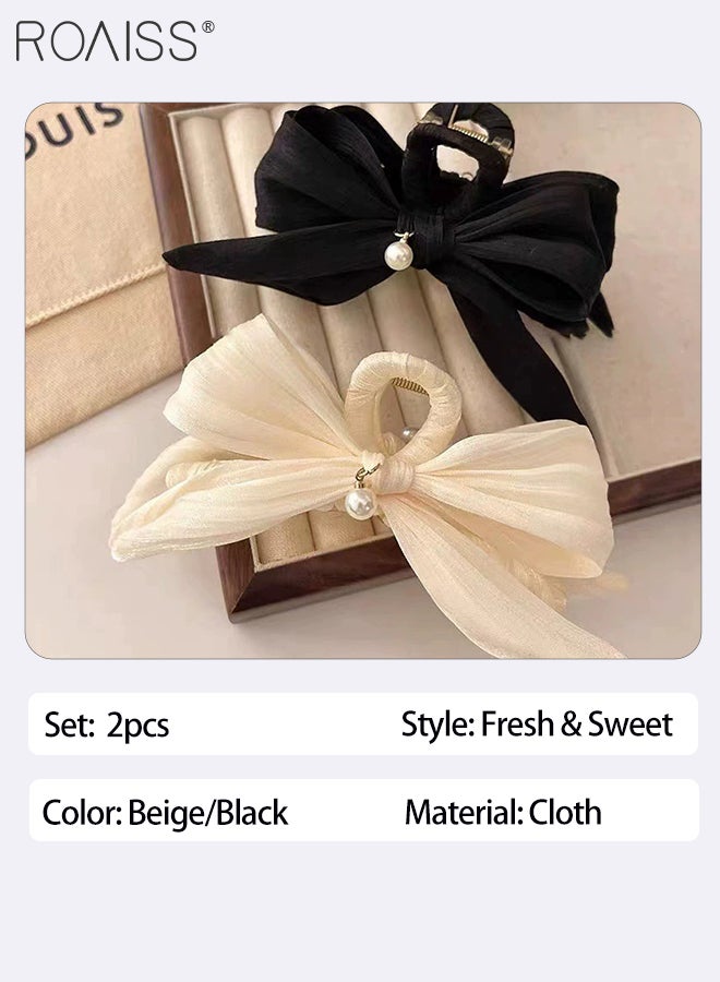 رويس مشبك شعر أنيق على شكل فيونكة، دبوس شعر كبير مزين بخرز أبيض فاخر، أنيق للارتداء اليومي والسفر والتجمعات، إكسسوار شعر شتوي - Image 2