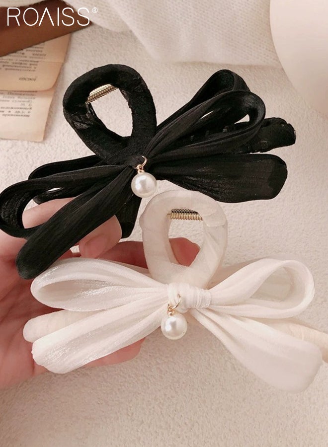 رويس مشبك شعر أنيق على شكل فيونكة، دبوس شعر كبير مزين بخرز أبيض فاخر، أنيق للارتداء اليومي والسفر والتجمعات، إكسسوار شعر شتوي - Image 5