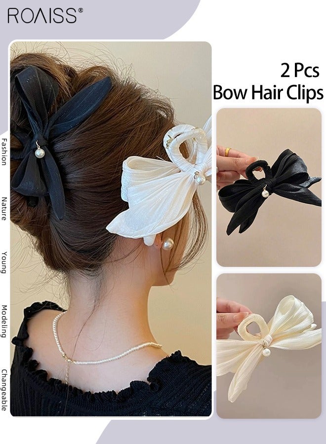 رويس مشبك شعر أنيق على شكل فيونكة، دبوس شعر كبير مزين بخرز أبيض فاخر، أنيق للارتداء اليومي والسفر والتجمعات، إكسسوار شعر شتوي - Image 1