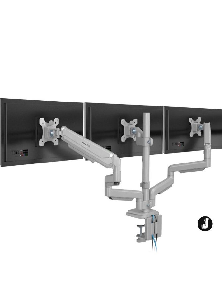 JAJEEK Triple Monitor Desk Mount with USB & Audio Ports – Height Adjustable Stand for 24”-32” Screens, Perfect for Gaming, Office Work, and Multi-Screen Setup  - Image 1