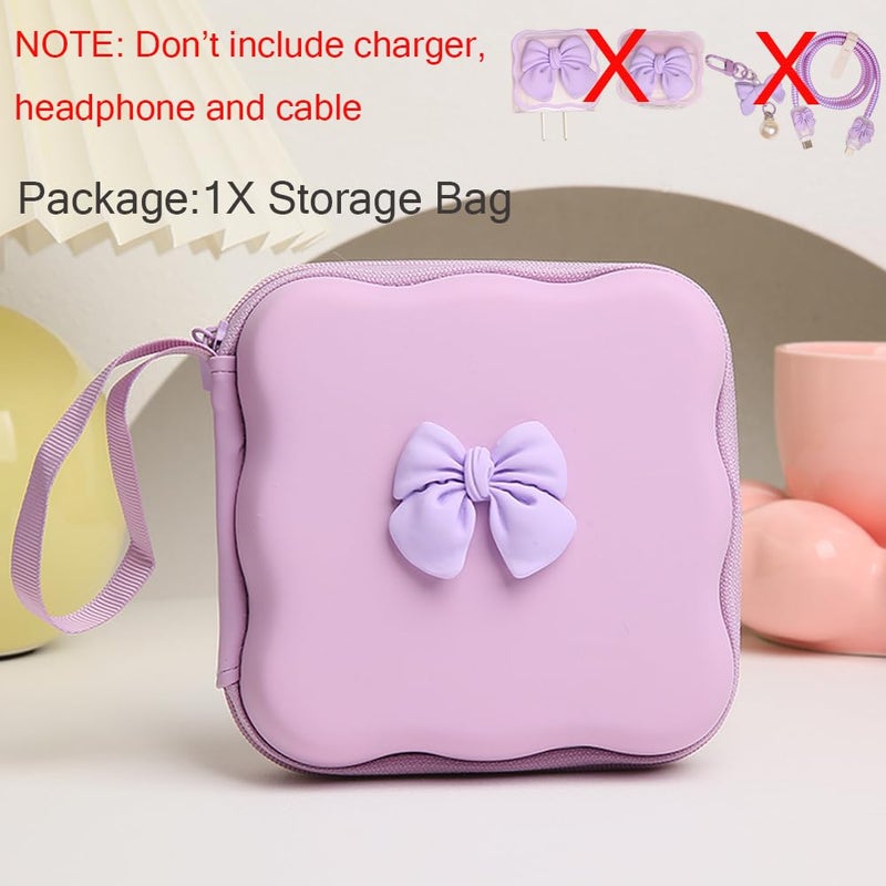 QLD COVER Charger Cover Storage Bag, Cute 3D Bow Tie Waves Design Charger Protector Travel Storage Case, Earphone Wire Saver Cable Cord Organizer Wireless Earphone Storage Box, Purple Bow - Image 2