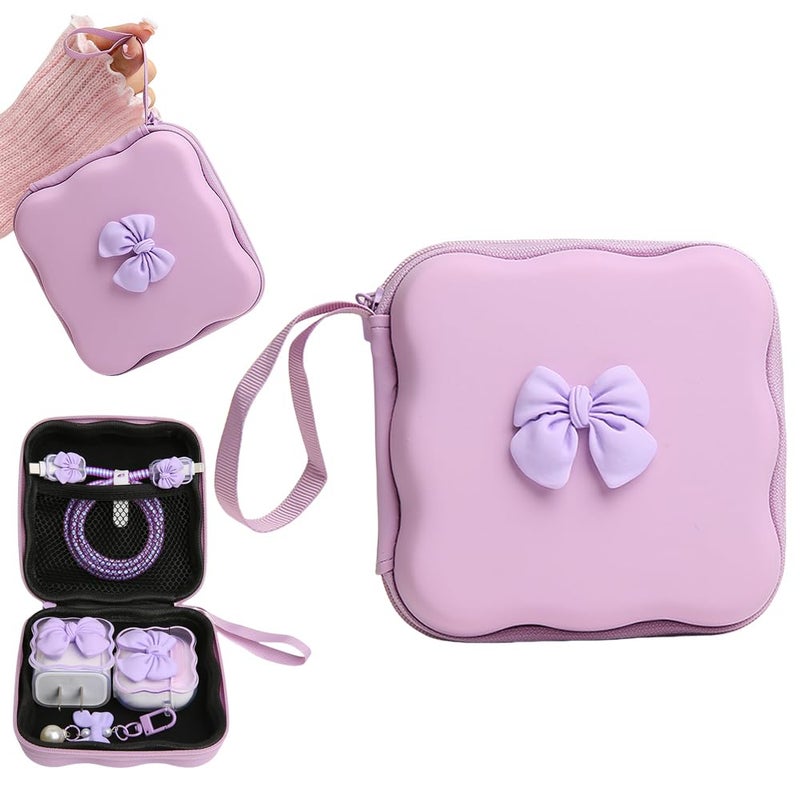 QLD COVER Charger Cover Storage Bag, Cute 3D Bow Tie Waves Design Charger Protector Travel Storage Case, Earphone Wire Saver Cable Cord Organizer Wireless Earphone Storage Box, Purple Bow - Image 1