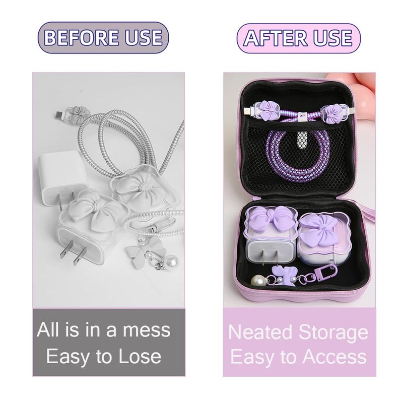 QLD COVER Charger Cover Storage Bag, Cute 3D Bow Tie Waves Design Charger Protector Travel Storage Case, Earphone Wire Saver Cable Cord Organizer Wireless Earphone Storage Box, Purple Bow - Image 3