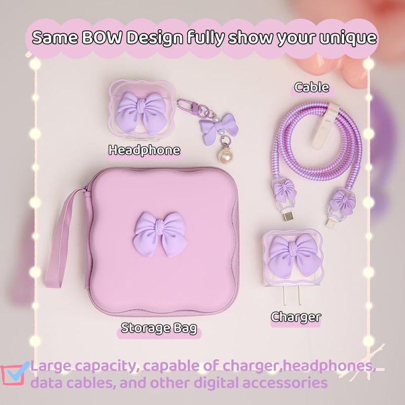 QLD COVER Charger Cover Storage Bag, Cute 3D Bow Tie Waves Design Charger Protector Travel Storage Case, Earphone Wire Saver Cable Cord Organizer Wireless Earphone Storage Box, Purple Bow - Image 4