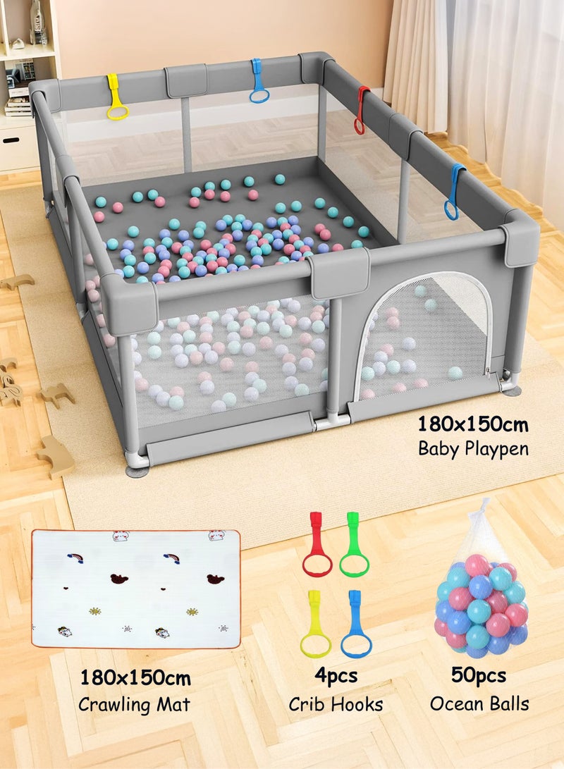 Toshionics Baby Playpen 150x180cm with 50 Balls & Double-Sided Crawling Mat | Large Foldable Kids Play Yard Safety Fence | Indoor Outdoor Playpen for Babies & Toddlers | Non-Toxic Waterproof Play Mat Combo Set - Image 1