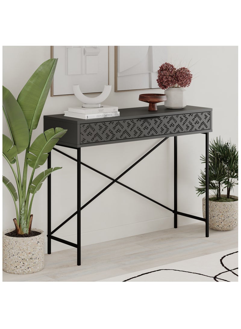 موراه طاولة موراه هوم هيتون كونسول مُعاد تصميمها - درج أمامي مزخرف - إطار معدني أسود رفيع - مساحة تخزين عصرية للمدخل أو الردهة - 35.5 × 85.5 × 110 سم (رمادي غامق) - Image 2
