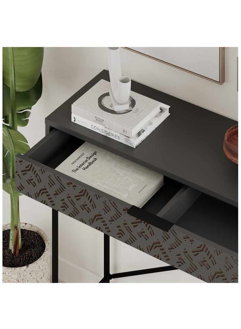موراه طاولة موراه هوم هيتون كونسول مُعاد تصميمها - درج أمامي مزخرف - إطار معدني أسود رفيع - مساحة تخزين عصرية للمدخل أو الردهة - 35.5 × 85.5 × 110 سم (رمادي غامق) - Image 4