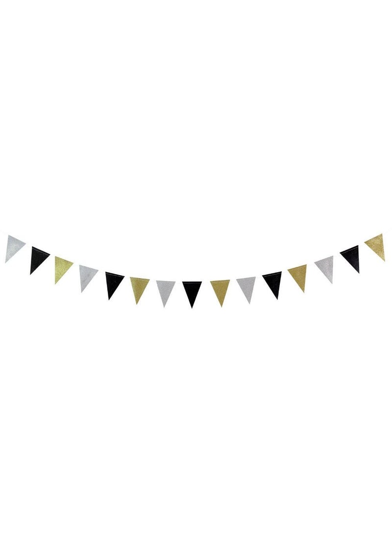 Folat Small Pennant Garland Glitter Gold Silver Black Paper 200cm - Image 1