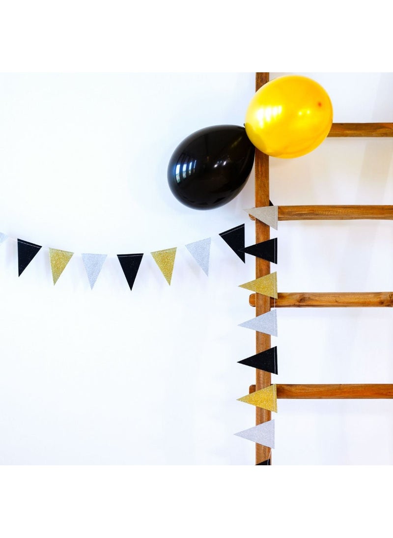 Folat Small Pennant Garland Glitter Gold Silver Black Paper 200cm - Image 2