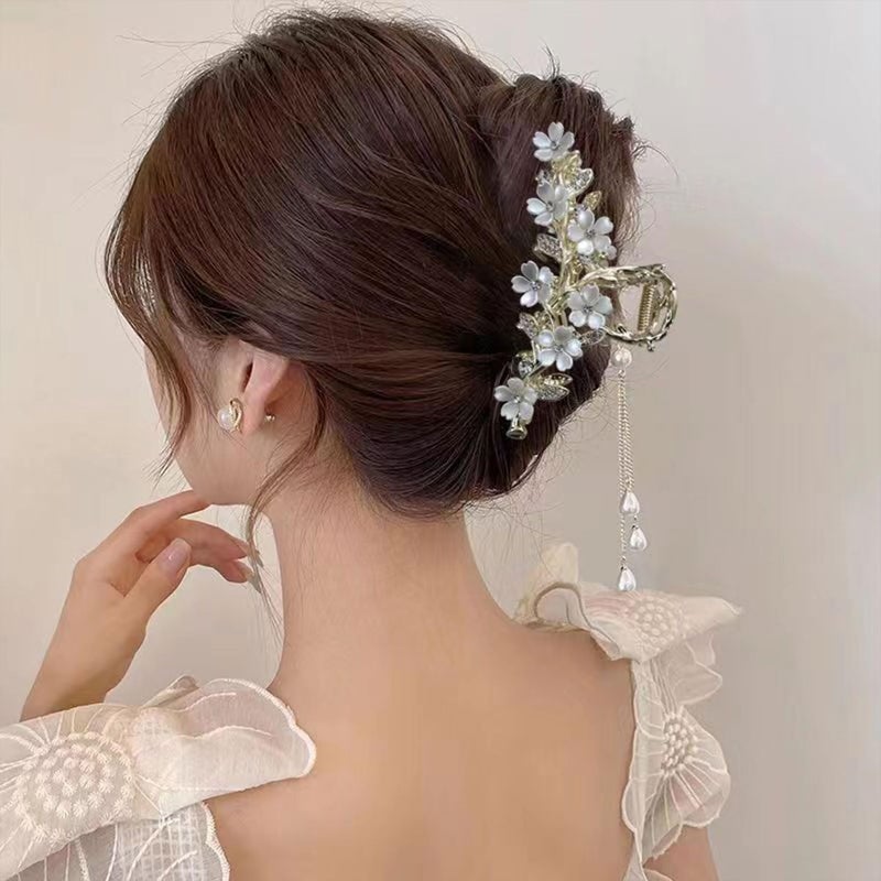 Mdscve Jasmine Flower Claw Clips for Women Metal Non-Slip Claw Clip With Rhinestones Pearl Tassel Design Floral Hair Clips Cute Claw Clips for Thick Hair Claw Clips Flower for Women - Image 3
