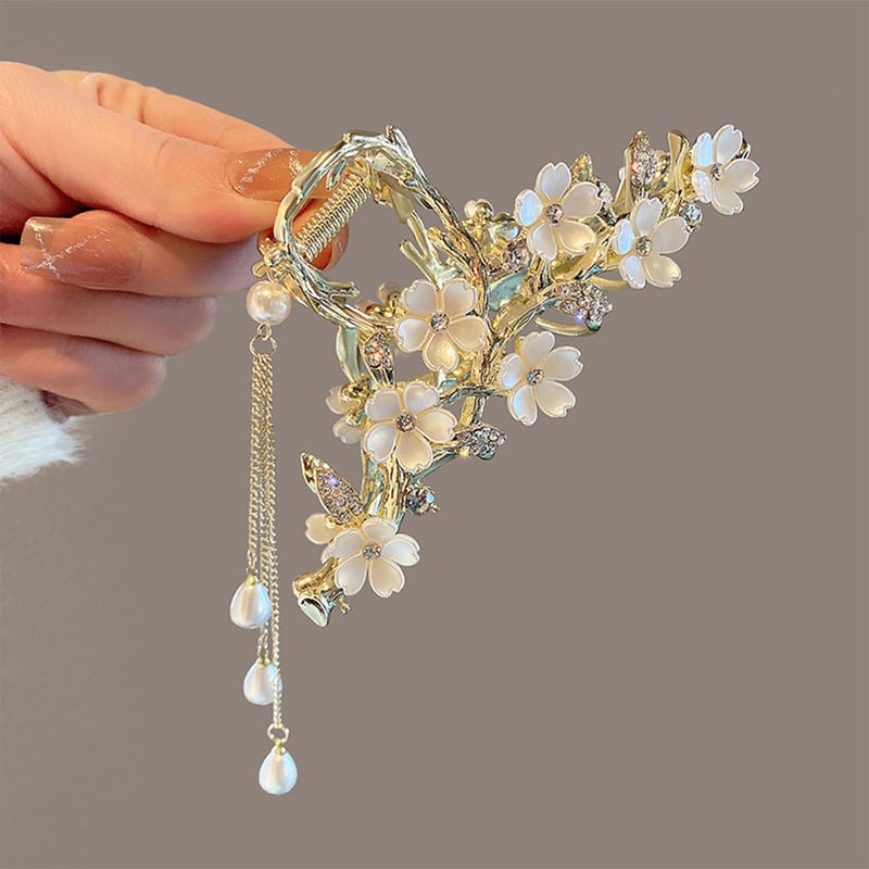 Mdscve Jasmine Flower Claw Clips for Women Metal Non-Slip Claw Clip With Rhinestones Pearl Tassel Design Floral Hair Clips Cute Claw Clips for Thick Hair Claw Clips Flower for Women - Image 2