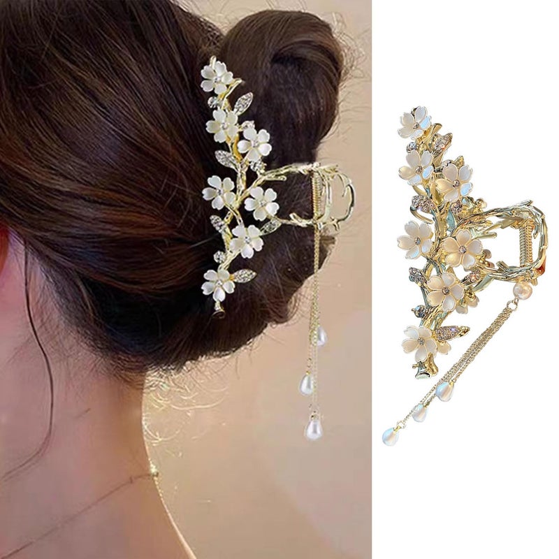 Mdscve Jasmine Flower Claw Clips for Women Metal Non-Slip Claw Clip With Rhinestones Pearl Tassel Design Floral Hair Clips Cute Claw Clips for Thick Hair Claw Clips Flower for Women - Image 1
