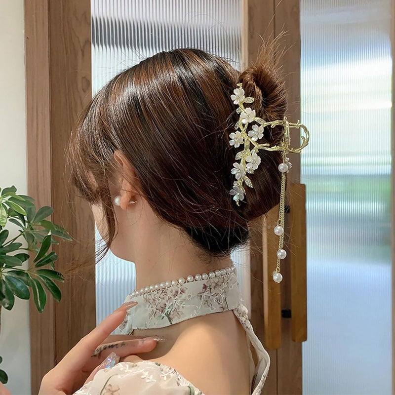 Mdscve Jasmine Flower Claw Clips for Women Metal Non-Slip Claw Clip With Rhinestones Pearl Tassel Design Floral Hair Clips Cute Claw Clips for Thick Hair Claw Clips Flower for Women - Image 5