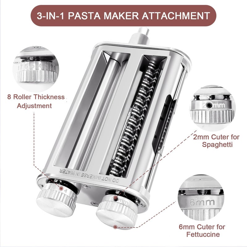 RAFBAR Pasta Maker Attachment for KitchenAid Stand Mixers, 3-in-1 Stainless Steel Pasta Roller & Cutter Set with Spaghetti and Fettuccine Blades, Includes 1 Metal Knob Screw Replacement - Image 2