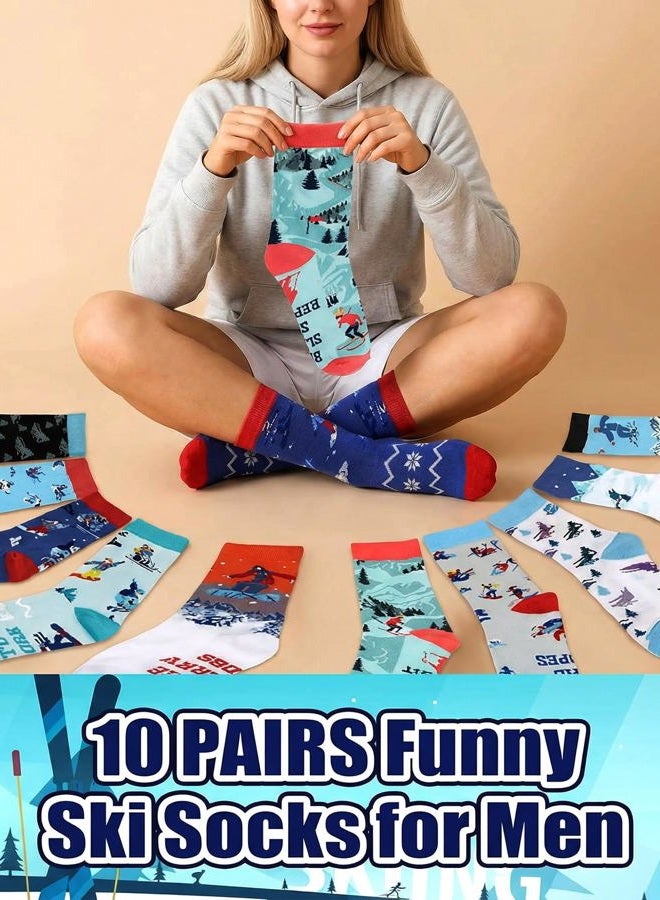 Maiteenly 10 Pairs Funny Ski Themed Crew Socks Novelty Winter Snowboarding Gift Ideas for Ski Lovers Skiers Men Youth Christmas Xmas Holiday, 10 Styles - Image 4