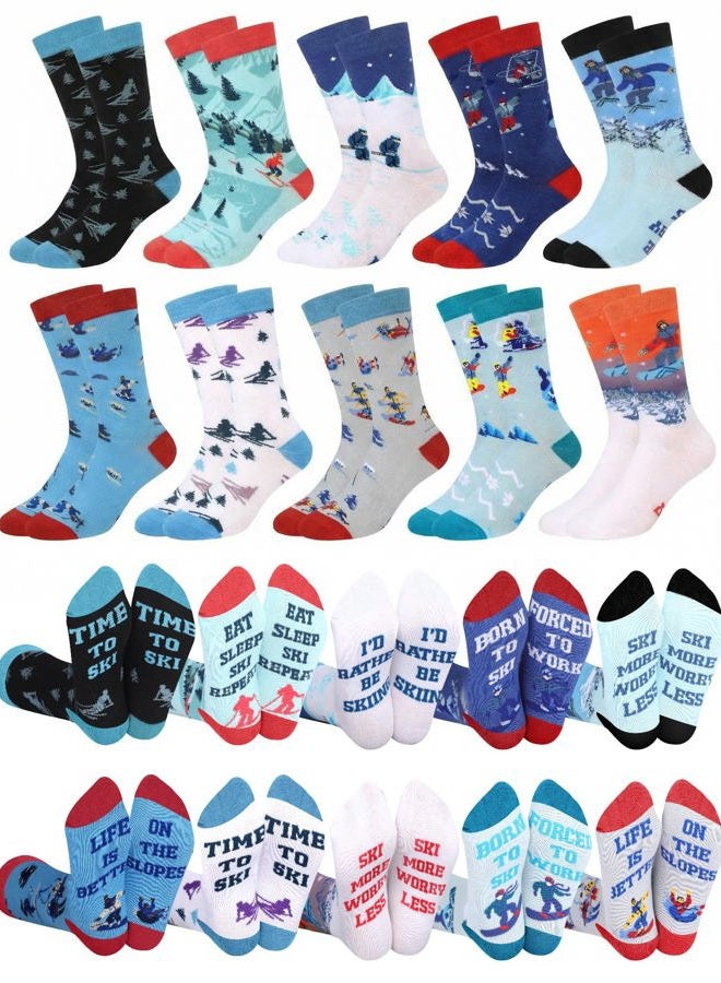 Maiteenly 10 Pairs Funny Ski Themed Crew Socks Novelty Winter Snowboarding Gift Ideas for Ski Lovers Skiers Men Youth Christmas Xmas Holiday, 10 Styles - Image 1
