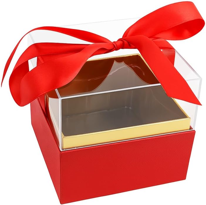 Fitto Transparent Acrylic  Gift Flower Box with Red Ribbon, 13x13x12cm, Decorative Display Case - Image 1