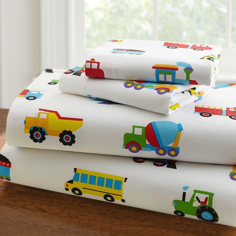Linen Plus Sheet Set for BoysTeens Trucks Cars Tractors Police Care Airplane Balloons White Yellow Red Green Blue Flat Sheet and Fitted Sheet and Pillow Case Twin New