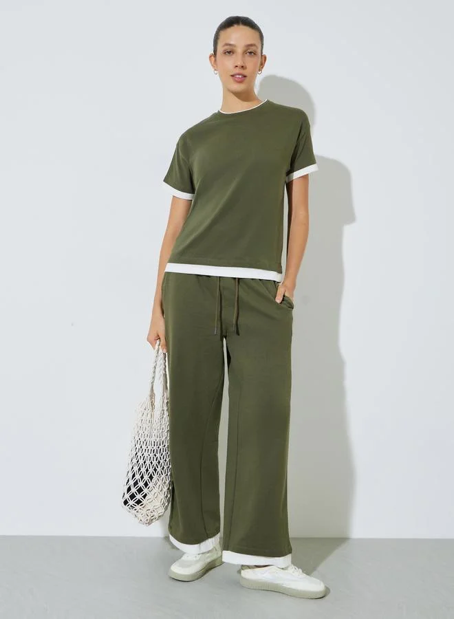 Styli Olive Contrast Trim Short Sleeves T-Shirt and Joggers Co-Ord Set