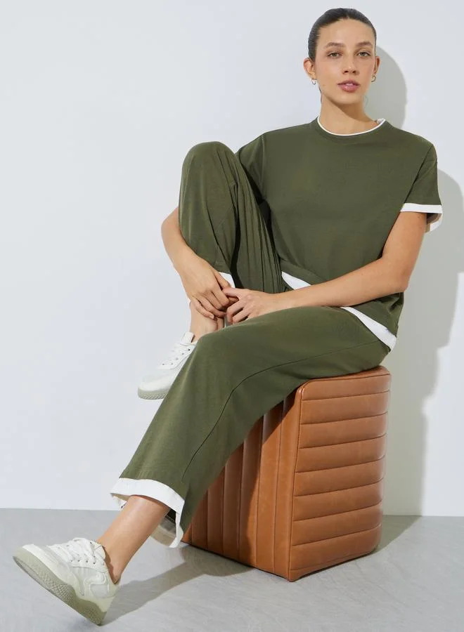 Styli Olive Contrast Trim Short Sleeves T-Shirt and Joggers Co-Ord Set