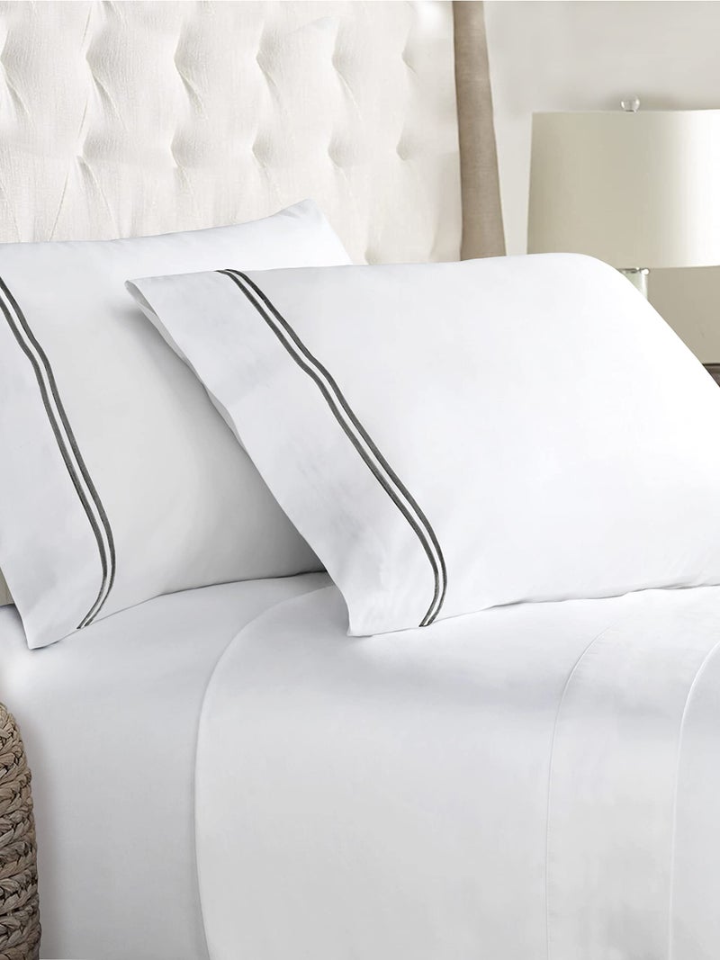 LINENWALAS 400 TC White Bedsheet Cotton with 2 Marrow Embroidery Pillow Covers|Softest Long Staple 100% Cotton Silky Soft - King (108"x108") - Silver Marrow Embroidery - Image 1