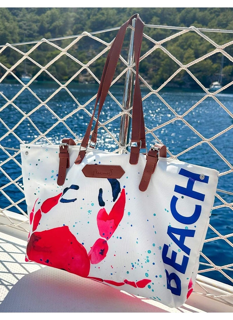 Anemoss - Women's Beach Bag, Waterproof Sandproof Hand Bags, Lighweight Fashionable Shoulder Bag, Large Capacity, Crab Design Beach Bag for Picnic Shopping, Gifts for Women and Girls - Image 1