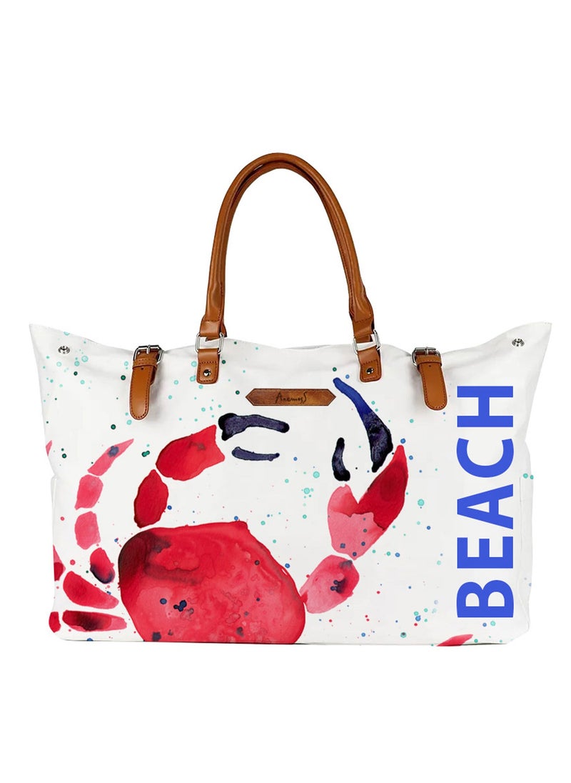 Anemoss - Women's Beach Bag, Waterproof Sandproof Hand Bags, Lighweight Fashionable Shoulder Bag, Large Capacity, Crab Design Beach Bag for Picnic Shopping, Gifts for Women and Girls - Image 1